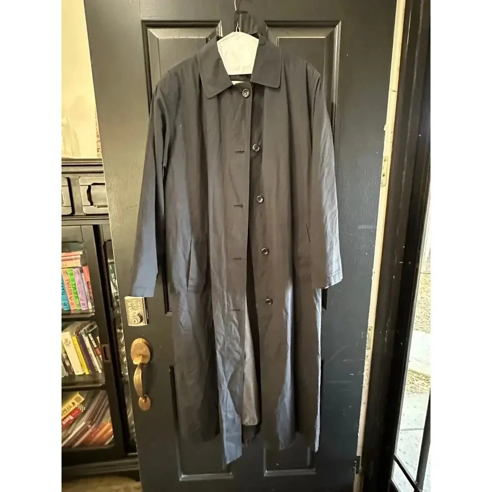 London Fog Black Button Front Hooded Long Regular Fit Trench Coat Size 14